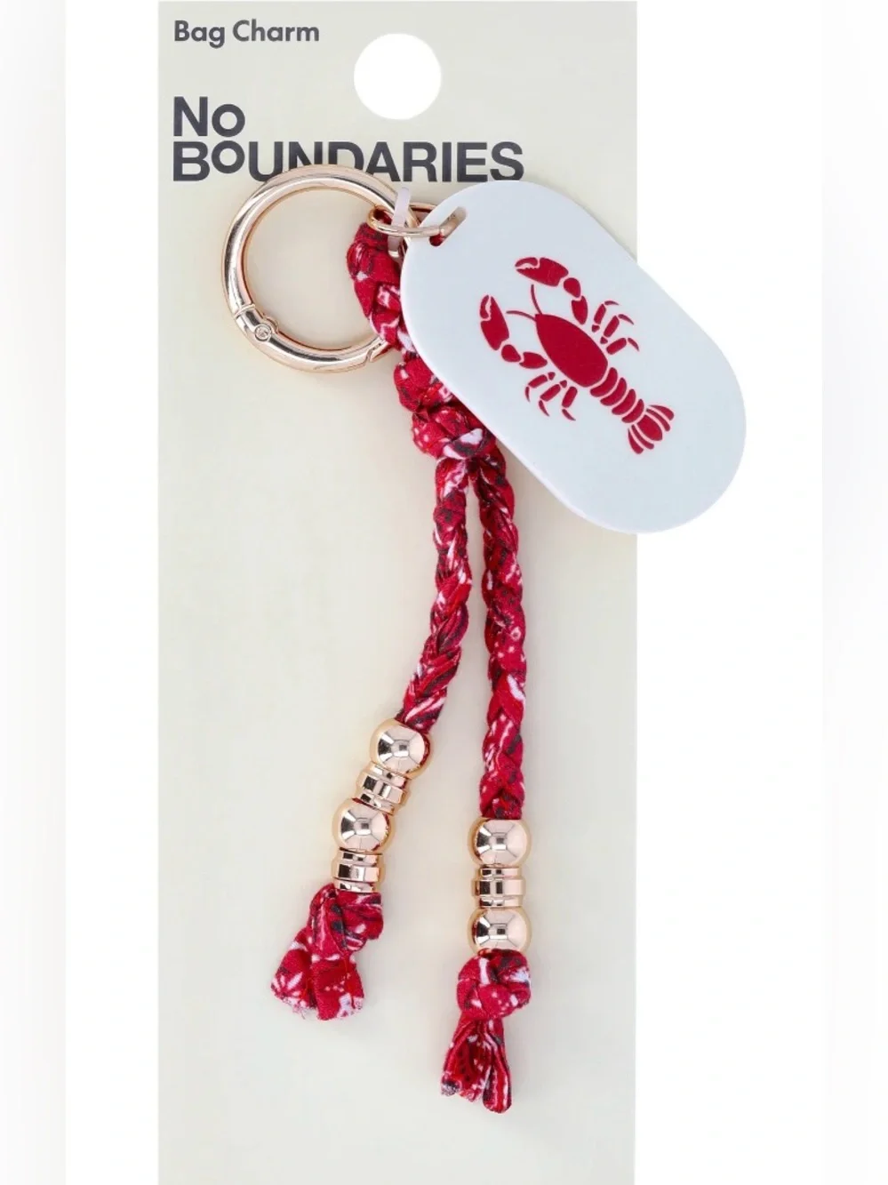 NWT No Boundaries Red Braided Keychain with Gold-Tone Beads and Lobster Tag